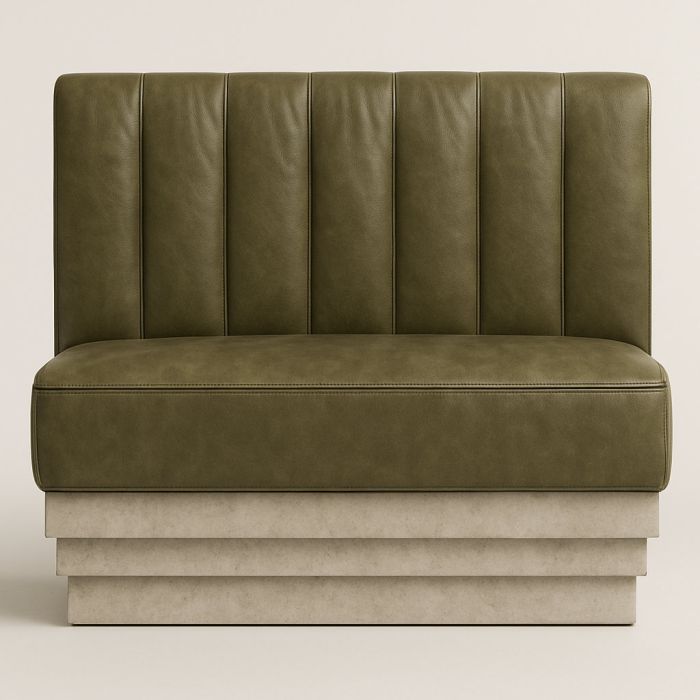 Front view of straight banquette seating with stone plinth base in commercial-grade vinyl