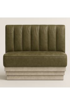 Front view of straight banquette seating with stone plinth base in commercial-grade vinyl