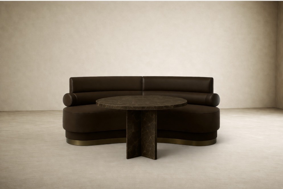 Curved banquette seating commercial furniture with upholstered booth and round marble table